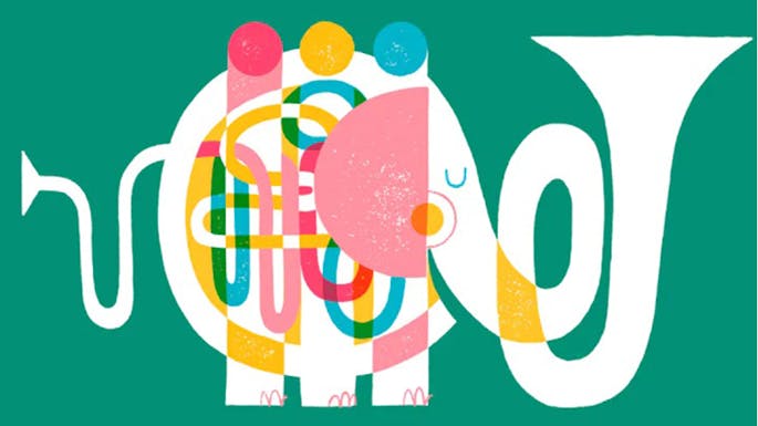 An elephant in the shape of a french horn