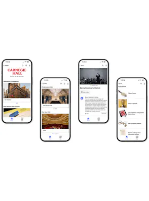 Four phone screens featuring the Bloomberg Connects app.