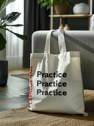 A tote bag with the Practice Practice Practice slogan inscribed on the bag, placed in front of a chair