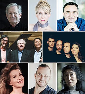 L to R: Sir John Eliot Gardiner; Joyce DiDonato; Jörg Widmann; Leonidas Kavakos, Emanuel Ax, and Yo-Yo Ma; Quatuor Ébène; Anne-Sophie Mutter; Yannick Nézet-Séguin; and Mitsuko Uchida