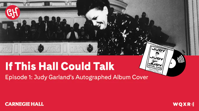 Judy Garland on stage, with a cartoon drawing of the Judy at Carnegie Hall album cover