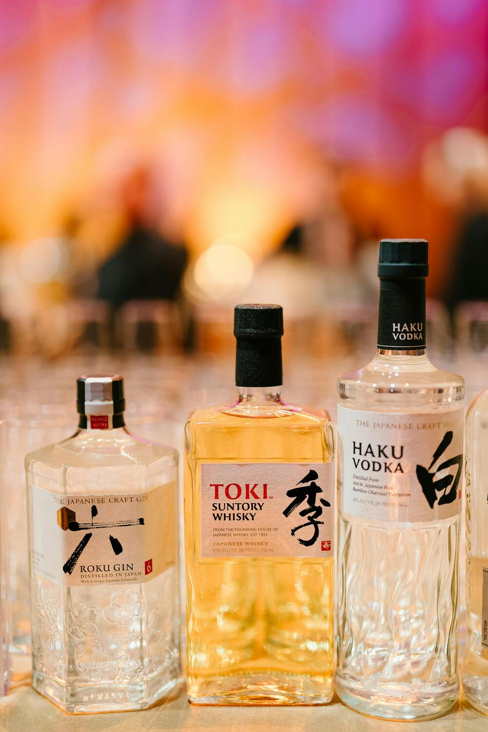 Bottles of gin, whisky, and vodka