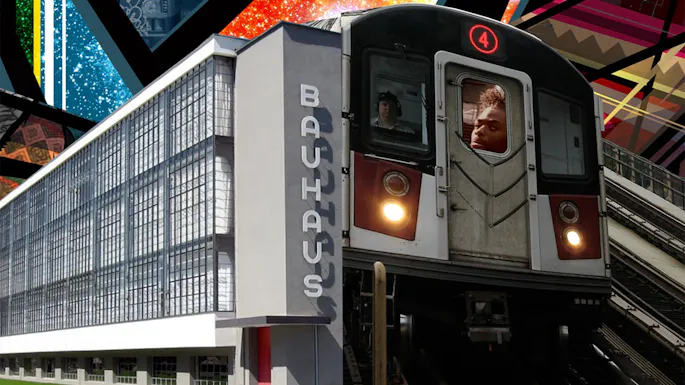 Illustration of a subway train that appears to be coming out of a "Bauhaus" building