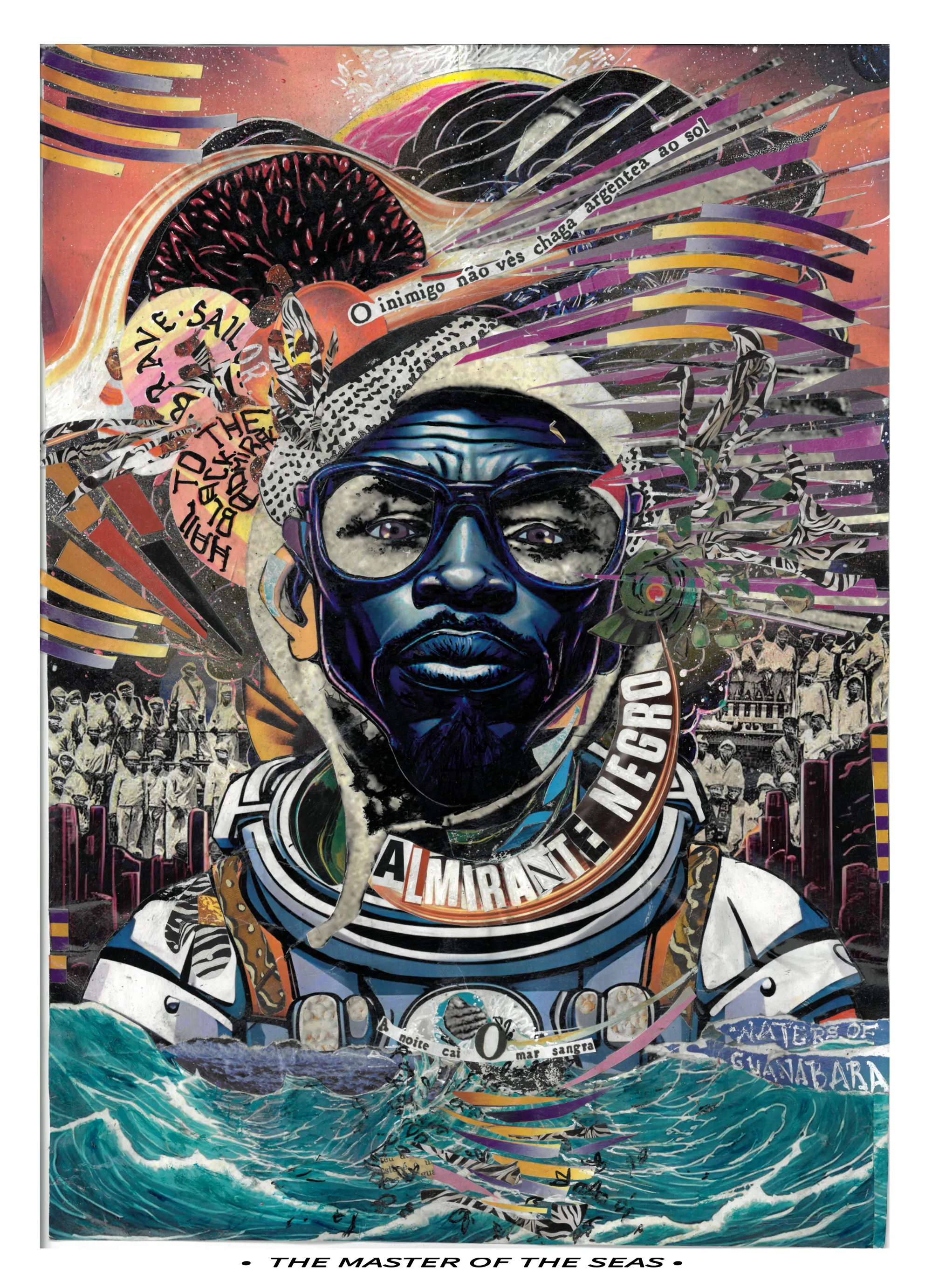 A collage of images creating the picture of a black man with glasses above turbulent waters