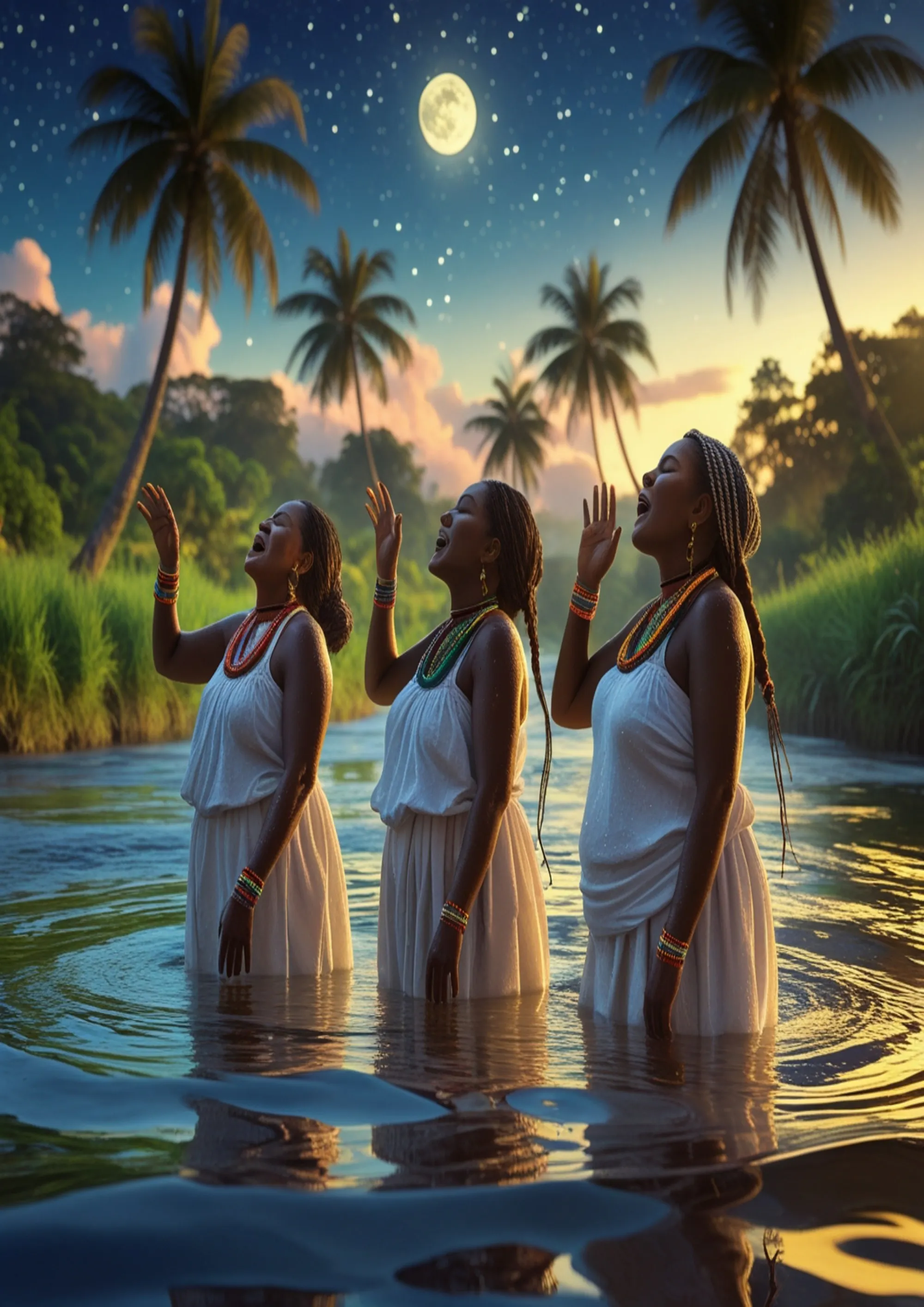 Three Afro-Brazilian washerwomen standing in a river with their right arms raised and eyes closed, singing.