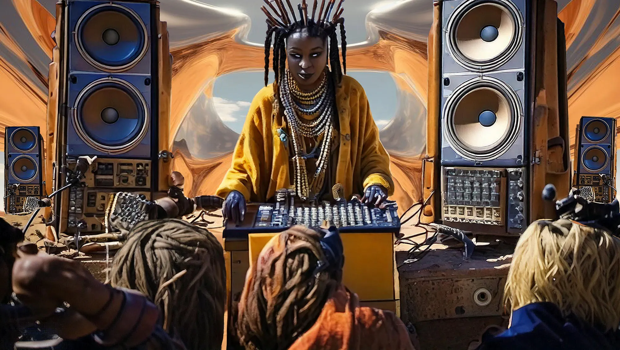 A black musician working a soundboard, with an audience listening