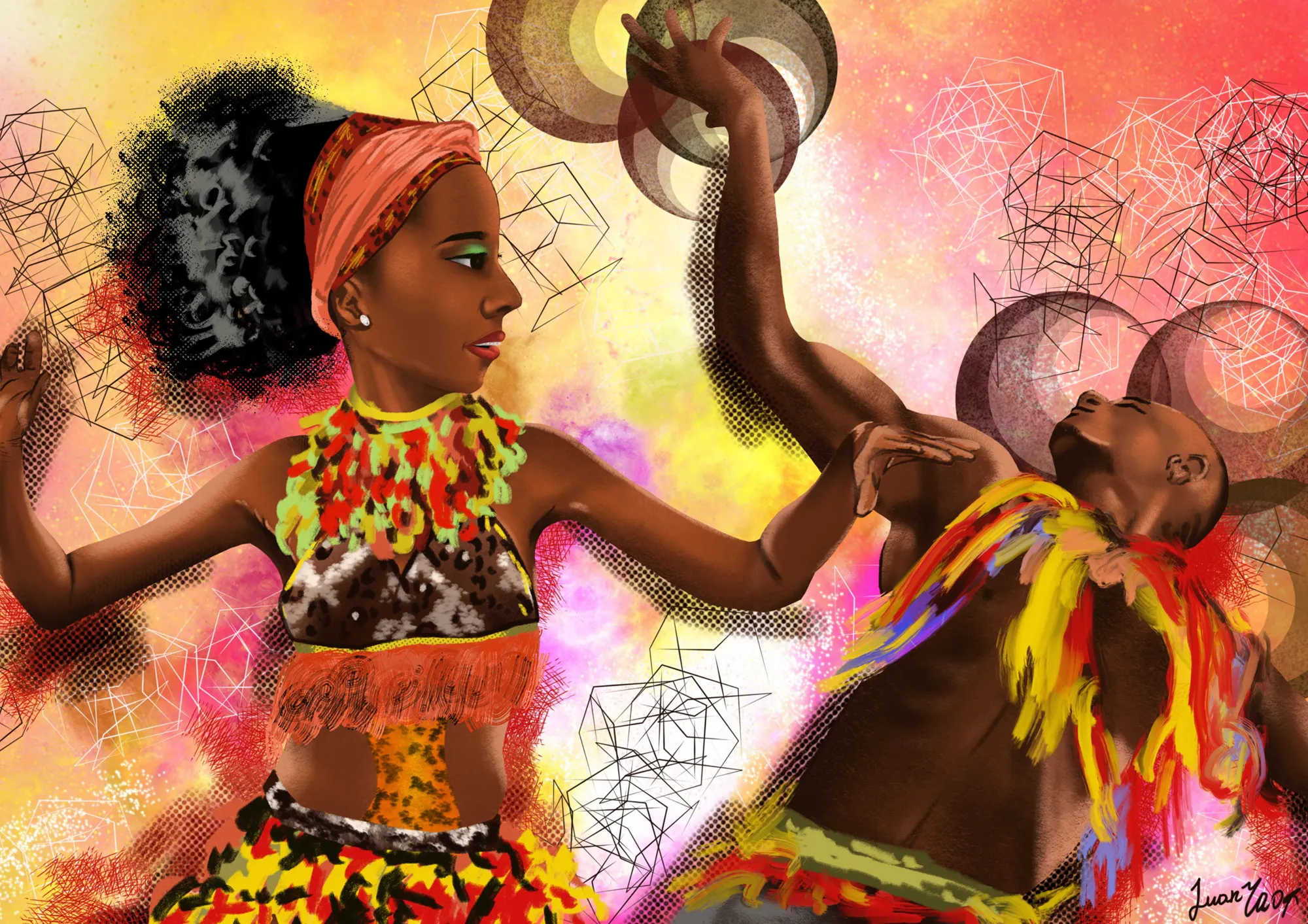 A black woman and man dancing, with geometrics shapes drawn in the background