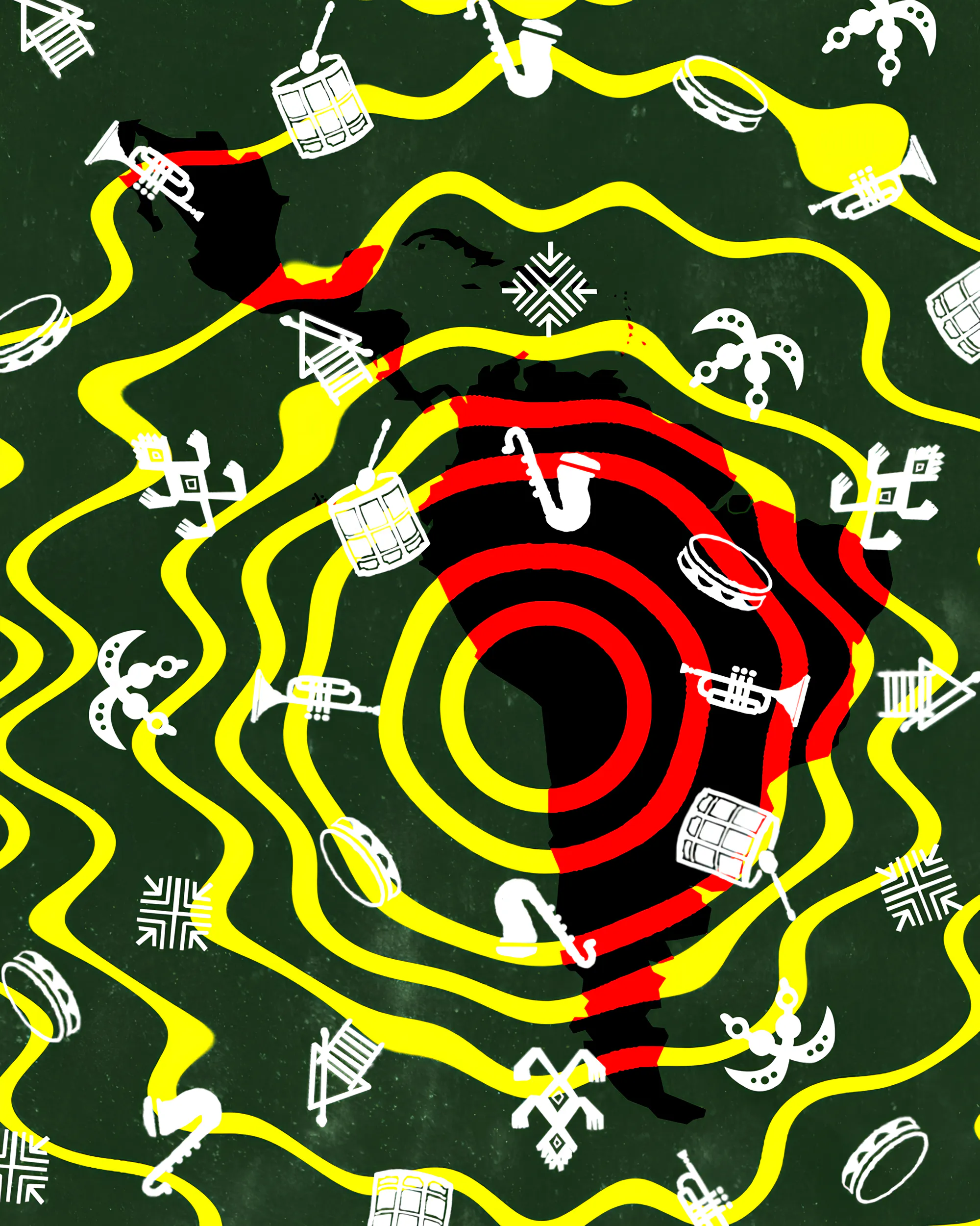 A map of Central and South America, overlayed with a hypnotic spiral and images of musical instruments and cultural markers