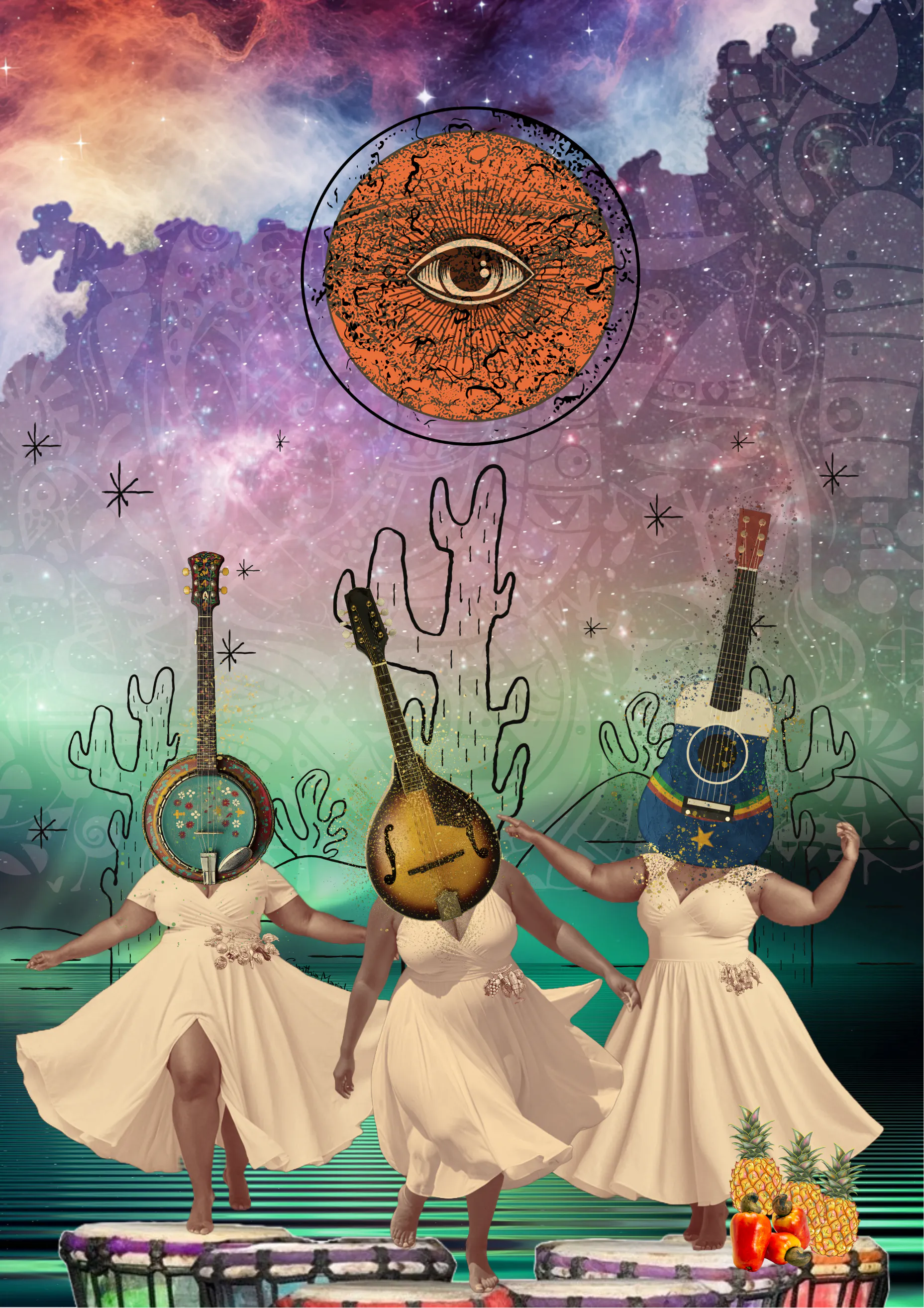 Three black Creole women dancing on top of drums, with stringed instruments overlayed on their heads, with a circular object with an eye in the middle floating in the sky above