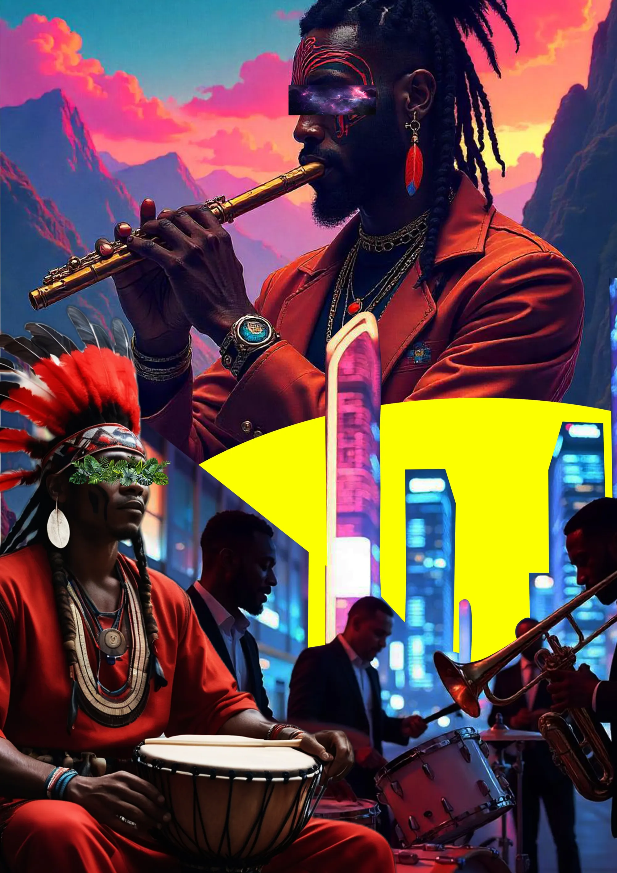 Two Afro-indigenous people playing wind and drum instruments in front of mountains, and several musicians in suits performing drum and brass instruments in a city