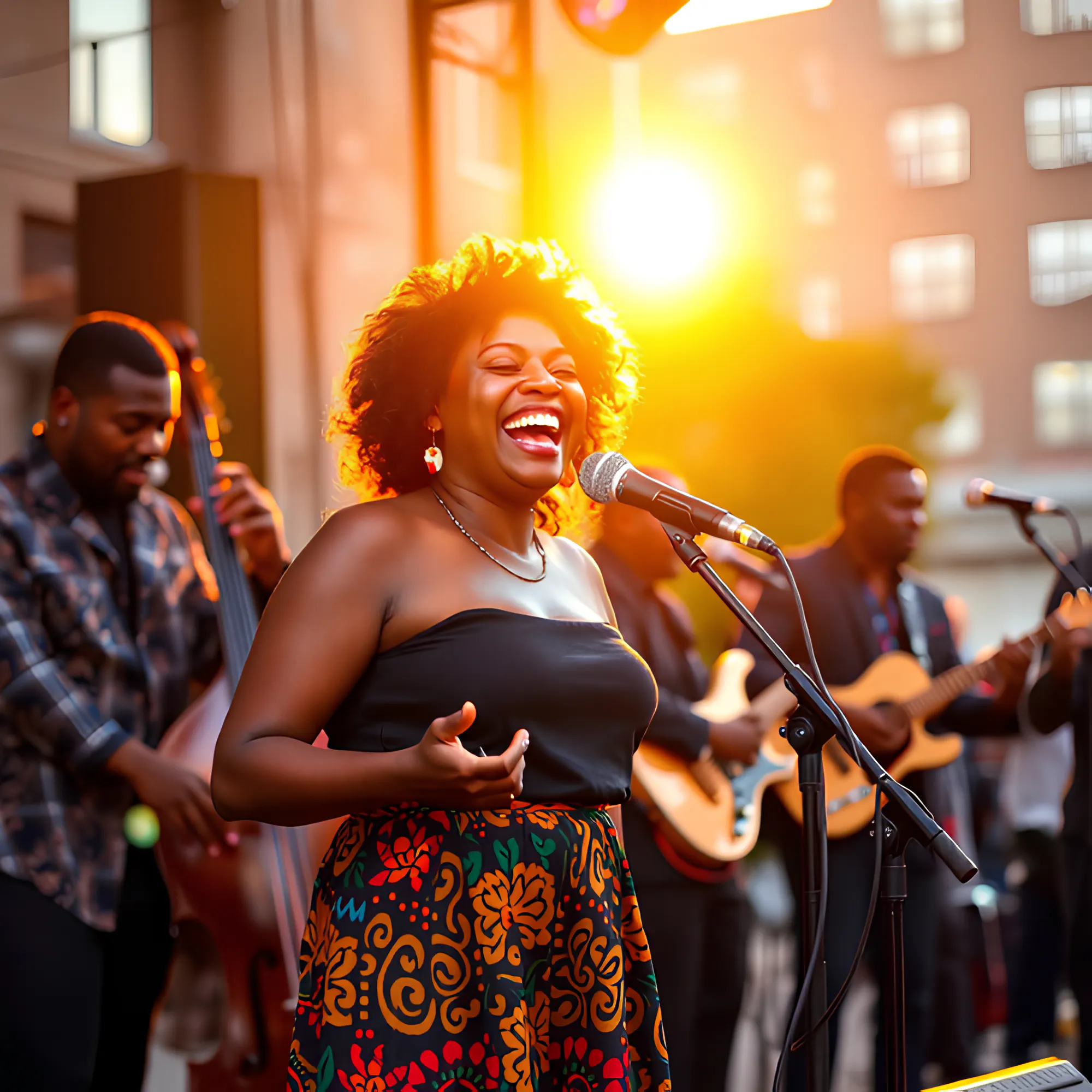 An Afro-Latina woman, wearing a black strapless shirt and a colorful skirt, singing with an infectious smile accompanied by a band.
