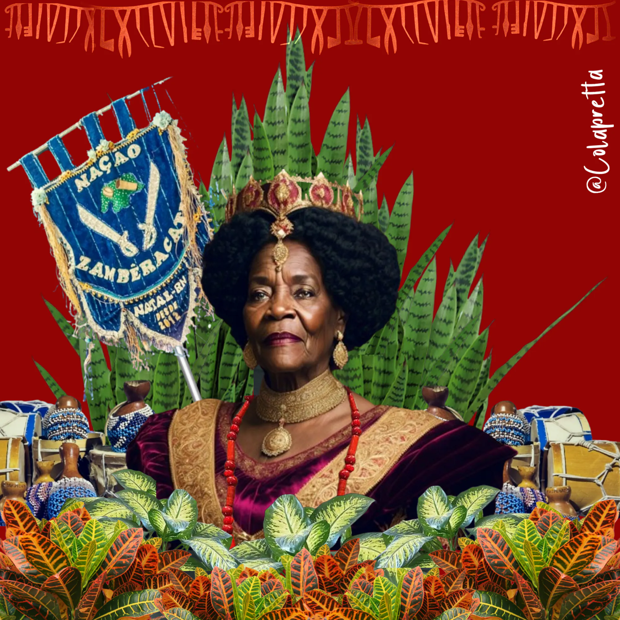 Maria Lázaro de Oyá wearing a crown, surrounded by plants, drums and axatses, and a Maracatu banner.