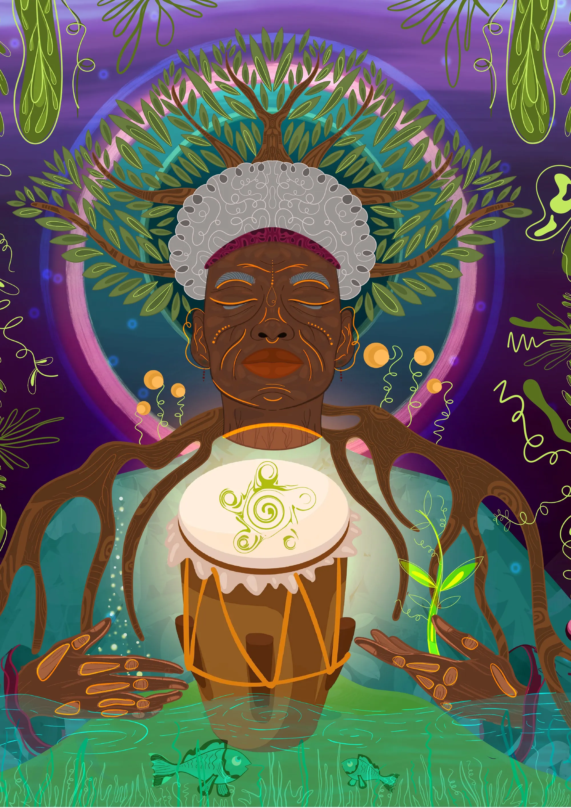 An Afro-Colombian person drawn as a mangrove tree, standing in front of a drum