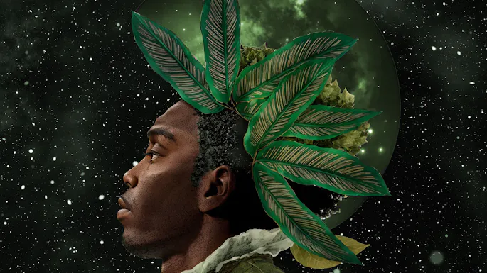 Painting of a Black man wearing a green feathered headdress against a starry background