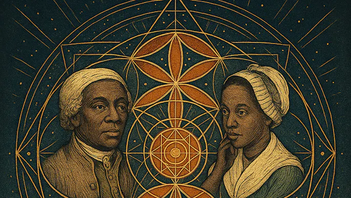 Painting of a Black man and woman wearing colonial clothing against a constellation background
