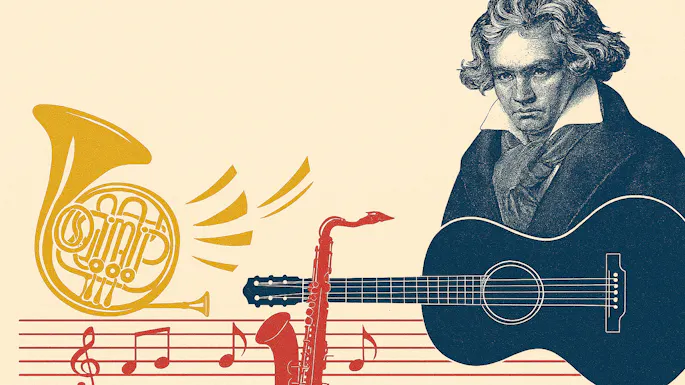 Illustration of Beethoven looking over a guitar, French horn, saxophone, and music notation