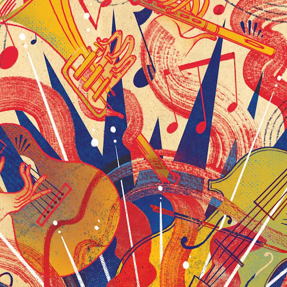 Abstract illustration of hands playing various musical instruments: guitar, trumpet, flute, sax, and violin