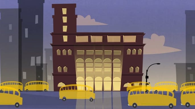 An illustration of yellow school buses in front of Carnegie Hall