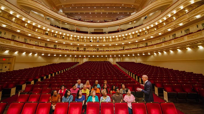 A group of visitors siting in Stern Auditorium / Perelman Stage as a tour guide stands and speaks to them