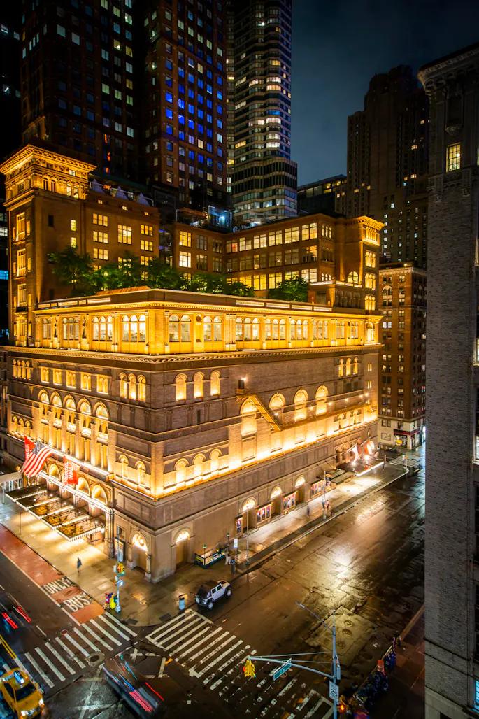 The exterior of Carnegie Hall at night