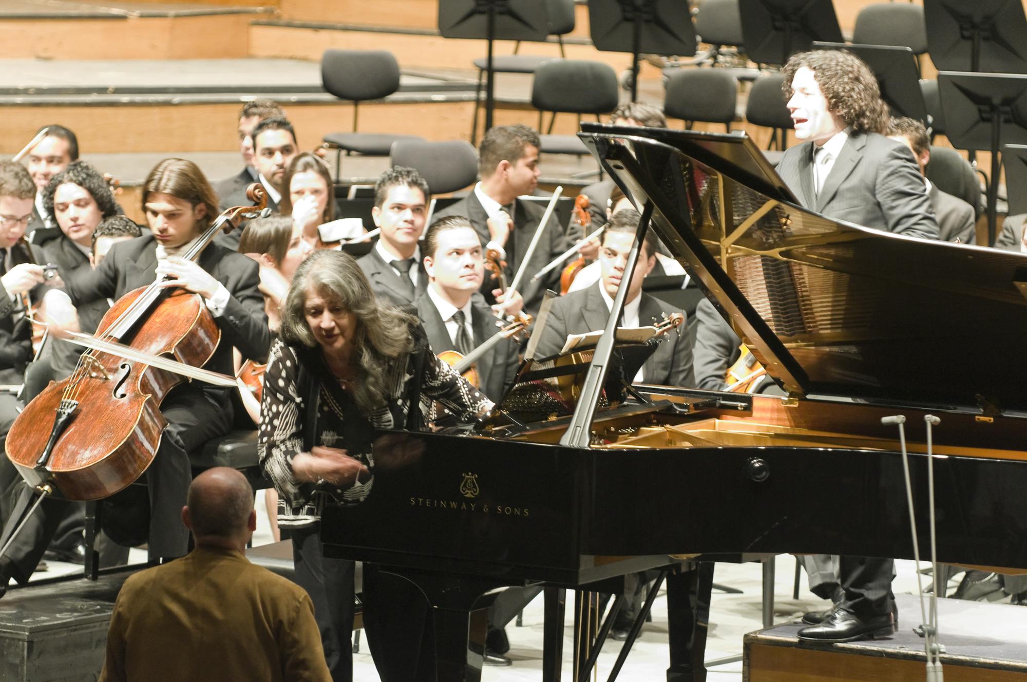 Gautier Capuçon, Martha Argerich, and Gustavo Dudamel on stage