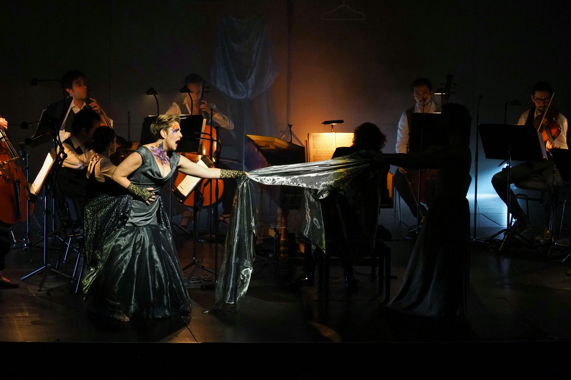 Joyce DiDonato on stage with musicians, grabbing a shiny cloth