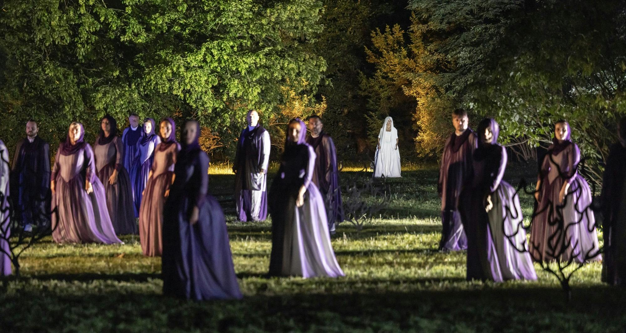 Performers standing in a field at nighttime