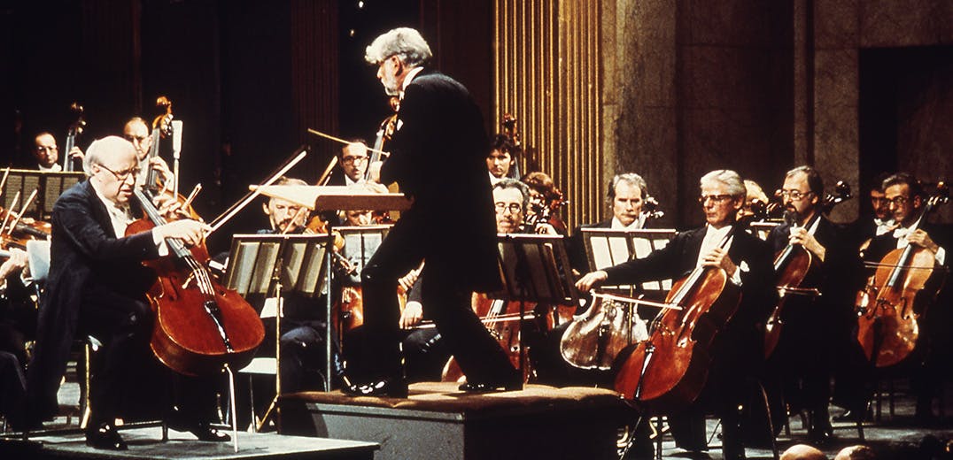 Leonard Bernstein conducting the Orchestre National de France and Mstislav Rostropovich playing the cello