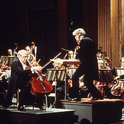 Leonard Bernstein conducting the Orchestre National de France and Mstislav Rostropovich playing the cello