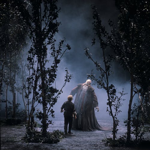 A person in a forest, standing in front of a towering figure