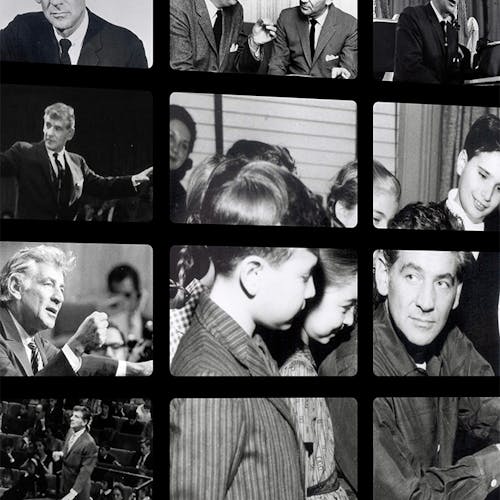 An array of photos of Leonard Bernstein