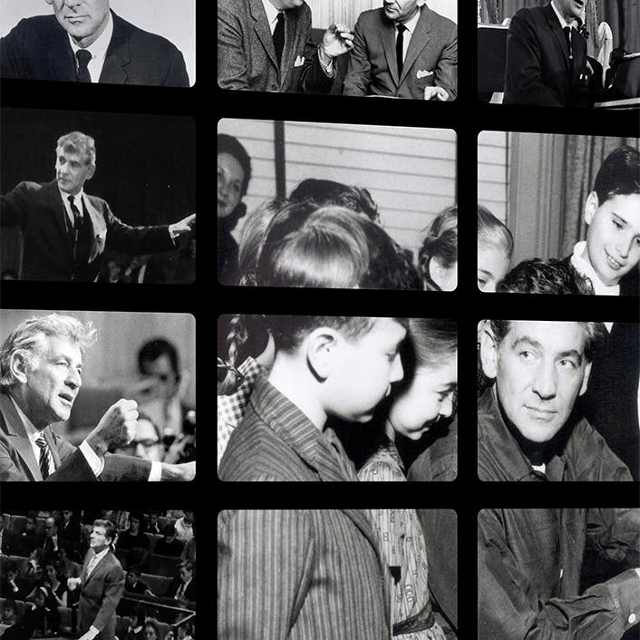 An array of photos of Leonard Bernstein